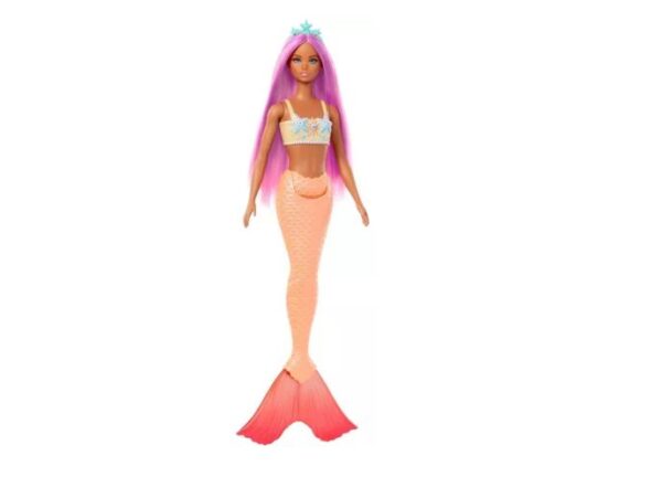 Boneca Barbie Sereia Odile Cauda Laranja Cabelo Rosa Mattel.